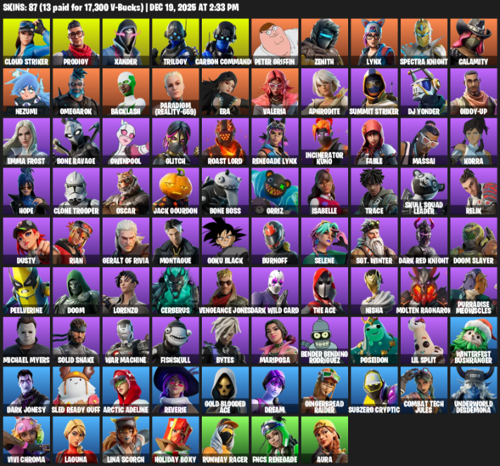 Fortnite Account ( PC / XBOX ) (Cloud Striker, Prodigy, Xander, Trilogy, Carbon Commando, Peter Griffin, Zenith, Lynx, Spectra Knight, Calamity, Nezumi, Omegarok, Backlash, Paradigm (Reality-659), Era, Valeria, Aphrodite, DJ Yonder, Giddy-up) (87 Skins)