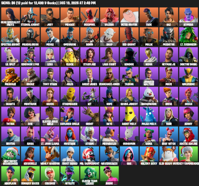 Fortnite Account ( PLAYSTATION / PC ) (Lara Croft, Gear Specialist Maya, Eternal Knight, Joey, Menace, Deadpool, Valeria, Peter Griffin, Fade, Raz, Kymera, Mandalorian, Midas, Omegarok, Ronin, Snap, Malik, Predator) (86 Skins)