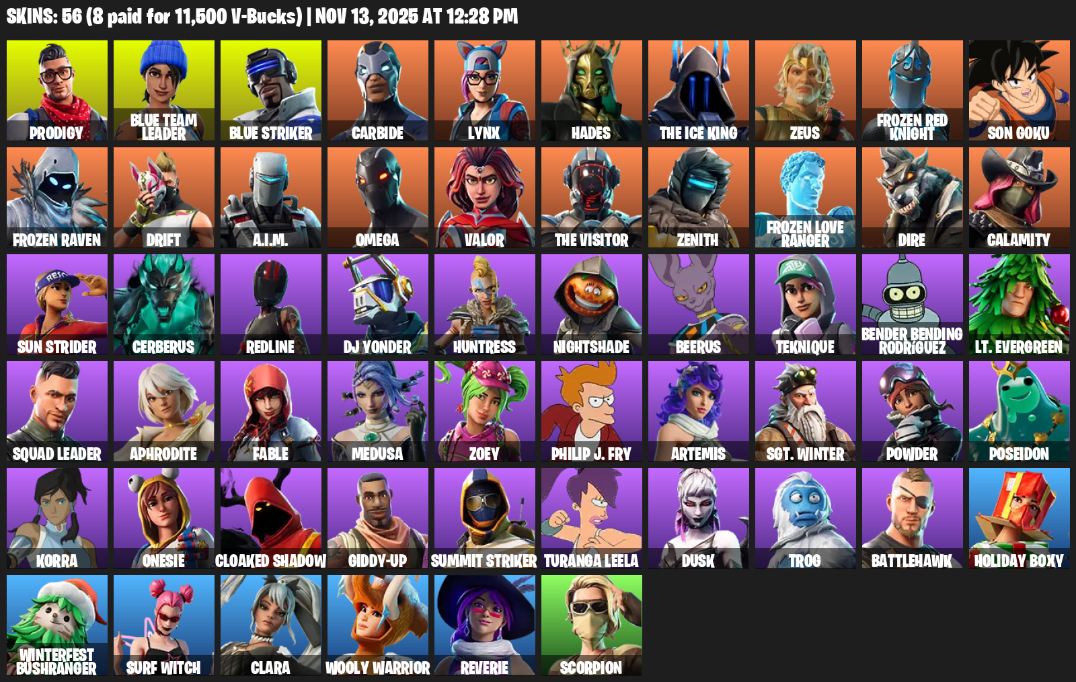 Fortnite Account ( PLAYSTATION / XBOX / PC ) (Omega, Prodigy, Blue Team Leader, Carbide, Lynx, Hades, The Ice King, Zeus, Frozen Red Knight, Son Goku, Drift, A.I.M., Valor, Zenith, Dire, Calamity) (56 Skins)