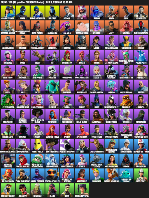 Fortnite Account ( PC / XBOX ) (Point Patroller, Gear Specialist Maya, Cloud Striker, Fixer, Sultura, Midas, Vi, Fusion, Ronin, Fade, Spectra Knight, Kado Thorne, Omegarok, Galaxia, Peter Griffin, Kymera, Joey, Valeria, The Foundation) (126 Skins)