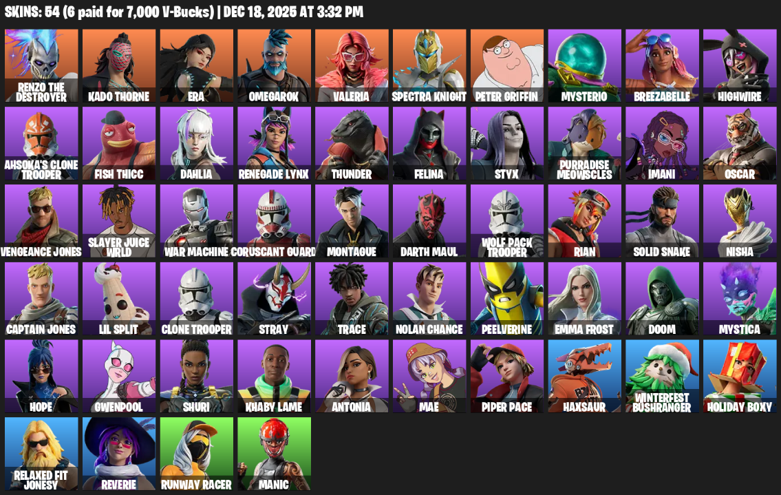 Fortnite Account ( PLAYSTATION / XBOX / PC ) (Renzo the Destroyer, Kado Thorne, Era, Omegarok, Valeria, Spectra Knight, Peter Griffin, Mysterio, Breezabelle, Highwire, Ahsoka’s Clone Trooper, Fish Thicc, Dahlia, Renegade Lynx, Thunder, Felina, Styx, Purradise Meowscles, Imani, Oscar) (54 Skins)