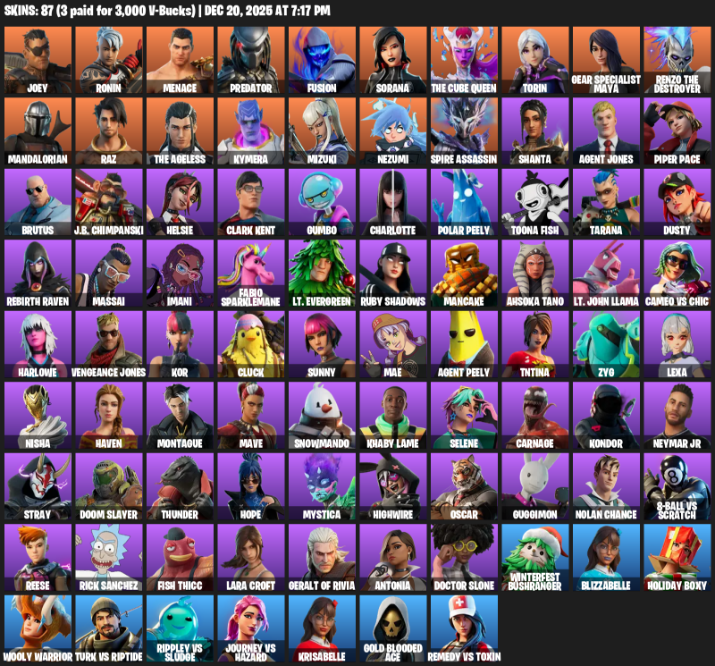 Fortnite Account ( PLAYSTATION / XBOX / PC ) (Lara Croft, Gear Specialist Maya, Joey, Ronin, Menace, Predator, Fusion, Sorana, The Cube Queen, Torin, Mandalorian, Raz, Kymera, Mizuki, Nezumi, Spire Assassin, Shanta, Agent Jones) (87 Skins)