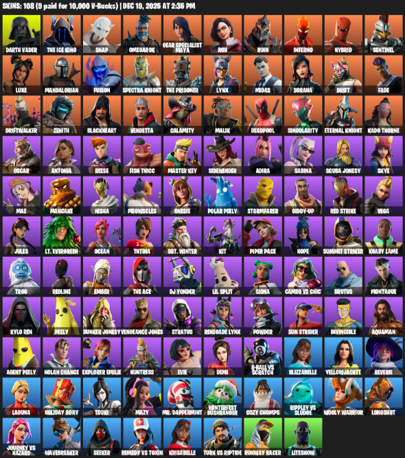 Fortnite Account ( PLAYSTATION / PC ) (Gear Specialist Maya, Darth Vader, The Ice King, Snap, Omegarok, Rox, Ruin, Inferno, Hybrid, Sentinel, Luxe, Mandalorian, Fusion, Spectra Knight, Lynx, Midas, Sorana, Drift, Fade) (108 Skins)