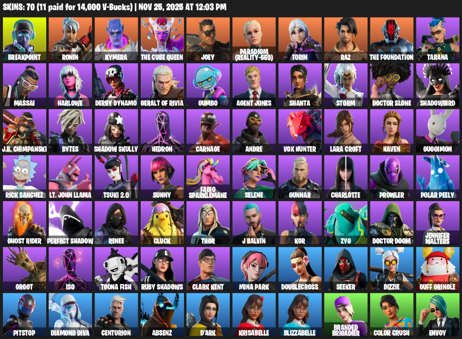 Fortnite Account ( PLAYSTATION / XBOX / PC ) (Lara Croft, Breakpoint, Ronin, Kymera, The Cube Queen, Joey, Paradigm (Reality-659), Torin, Raz, Tarana, Massai, Harlowe, Derby Dynamo, Geralt of Rivia, Gumbo, Agent Jones, Shanta, Storm, Doctor Slone) (70 Skins)