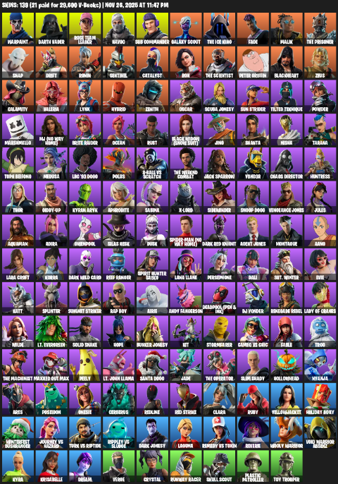 Fortnite Account ( PLAYSTATION / XBOX / PC ) (Lara Croft, Warpaint, Darth Vader, Rose Team Leader, Havoc, Sub Commander, Galaxy Scout, The Ice King, Fade, Malik, Snap, Drift, Ronin, Sentinel, Catalyst, Rox, Peter Griffin, Blackheart) (139 Skins)