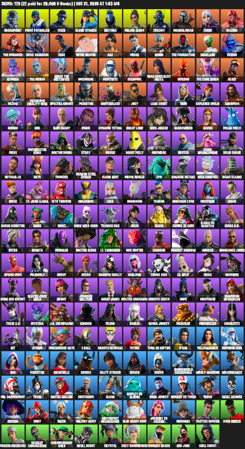Fortnite Account ( PC / XBOX ) (Point Patroller, Gear Specialist Maya, Lara Croft, Breakpoint, Fixer, Cloud Striker, Sultura, Major Glory, Trilogy, Mandalorian, Torin, Valeria, The Imagined, Spire Assassin, Fade, Peter Griffin, Raz, Midas, Ronin) (179 Skins)