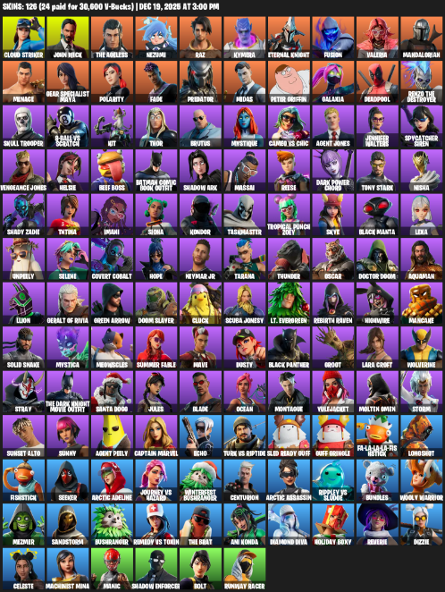 Fortnite Account ( PC ) (Gear Specialist Maya, Lara Croft, Cloud Striker, John Wick, The Ageless, Nezumi, Raz, Kymera, Eternal Knight, Fusion, Valeria, Mandalorian, Menace, Polarity, Fade, Predator, Midas, Peter Griffin, Galaxia, Deadpool) (126 Skins)