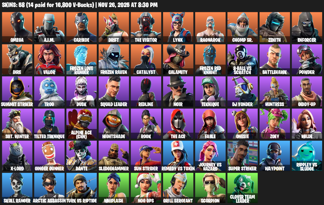 Fortnite Account ( PLAYSTATION / XBOX / PC ) (Omega, A.I.M., Carbide, Drift, The Visitor, Lynx, Ragnarok, Chomp Sr., Zenith, Enforcer, Dire, Valor, Frozen Love Ranger, Catalyst, Calamity, 8-Ball vs Scratch, Battlehawk, Powder) (58 Skins)