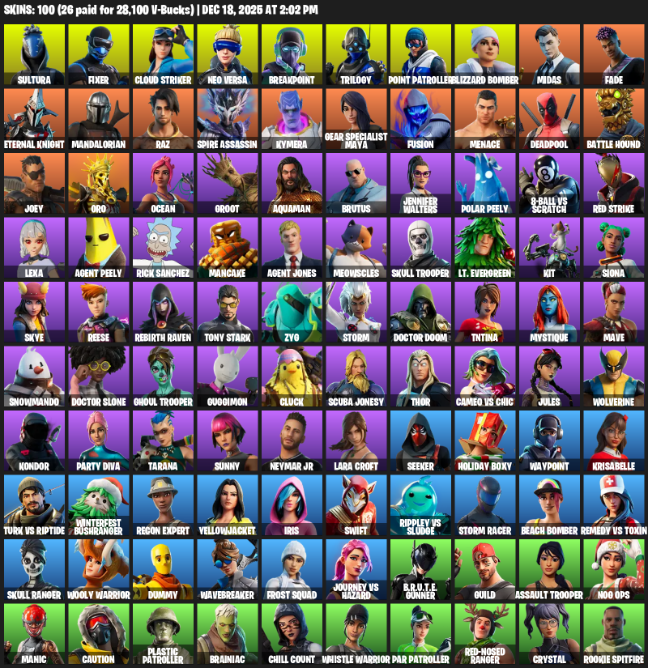 Fortnite Account ( PC ) (Point Patroller, Gear Specialist Maya, Lara Croft, Sultura, Fixer, Cloud Striker, Neo Versa, Breakpoint, Trilogy, Blizzard Bomber, Midas, Fade, Eternal Knight, Mandalorian, Raz, Spire Assassin, Kymera, Fusion, Menace, Deadpool, Leviathan Axe, Reaper, Jaguar Strike, Daredevil’s Billy Clubs, Staff of Doom, The Destroyer’s Destroyer, Mjolnir, IO Eradicator, Zyg’s Chainblade, Groot’s Sap Axes, Aquaman’s Trident, Hammerhead Morty, A.R.G.U.S. Sabre, Beastfang) (100 Skins)