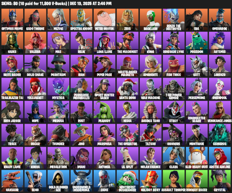 Fortnite Account ( PLAYSTATION / XBOX / PC ) (Optimus Prime, Kado Thorne, Mizuki, Spectra Knight, Peter Griffin, Zeus, Backlash, Renzo the Destroyer, Era, Omegarok, Hades, Valeria, Mae, Relik, Lana Llane, Kuno, Renegade Lynx, Poseidon, Artemis) (80 Skins)