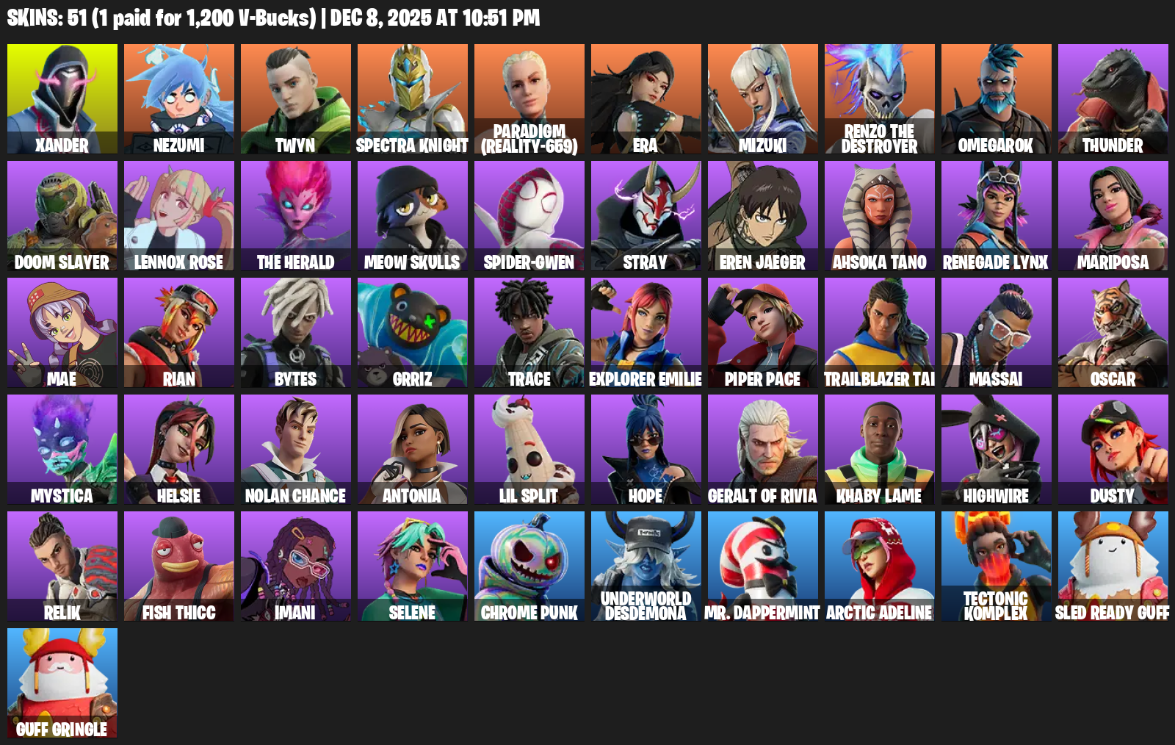 Fortnite Account ( PLAYSTATION / XBOX / PC ) (Xander, Nezumi, Twyn, Spectra Knight, Paradigm (Reality-659), Era, Mizuki, Renzo the Destroyer, Omegarok, Thunder, Doom Slayer, Lennox Rose, Meow Skulls, Spider-Gwen, Stray, Eren Jaeger, Ahsoka Tano, Renegade Lynx, Mariposa) (51 Skins)