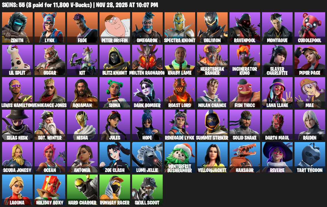Fortnite Account ( PLAYSTATION / XBOX / PC ) (Zenith, Lynx, Fade, Peter Griffin, Omegarok, Spectra Knight, Oblivion, Ravenpool, Montague, Cuddlepool, Lil Split, Oscar, Kit, Molten Ragnarok, Khaby Lame, Heartbreak Ranger, Incinerator Kuno, Slayer Charlotte, Piper Pace) (55 Skins)
