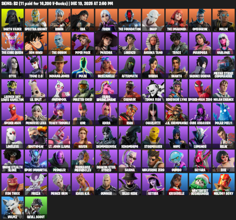 Fortnite Account ( PLAYSTATION / XBOX / PC ) (Darth Vader, Spectra Knight, Ronin, Era, Torin, The Foundation, Snap, Omegarok, Malik, Son Goku, Piper Pace, Phaedra, Lorenzo, Ahsoka Tano, Trace, Mariposa, Harlowe) (82 Skins)