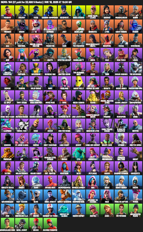 Fortnite Account ( PC / XBOX ) (Lara Croft, Gear Specialist Maya, Prodigy, Trilogy, Fixer, Carbon Commando, Warpaint, Surf Strider, Rose Team Leader, Sorana, Mandalorian, Ronin, Menace, Raven, Vi, Kymera, Joey, Backlash, Vendetta, Lynx) (154 Skins)