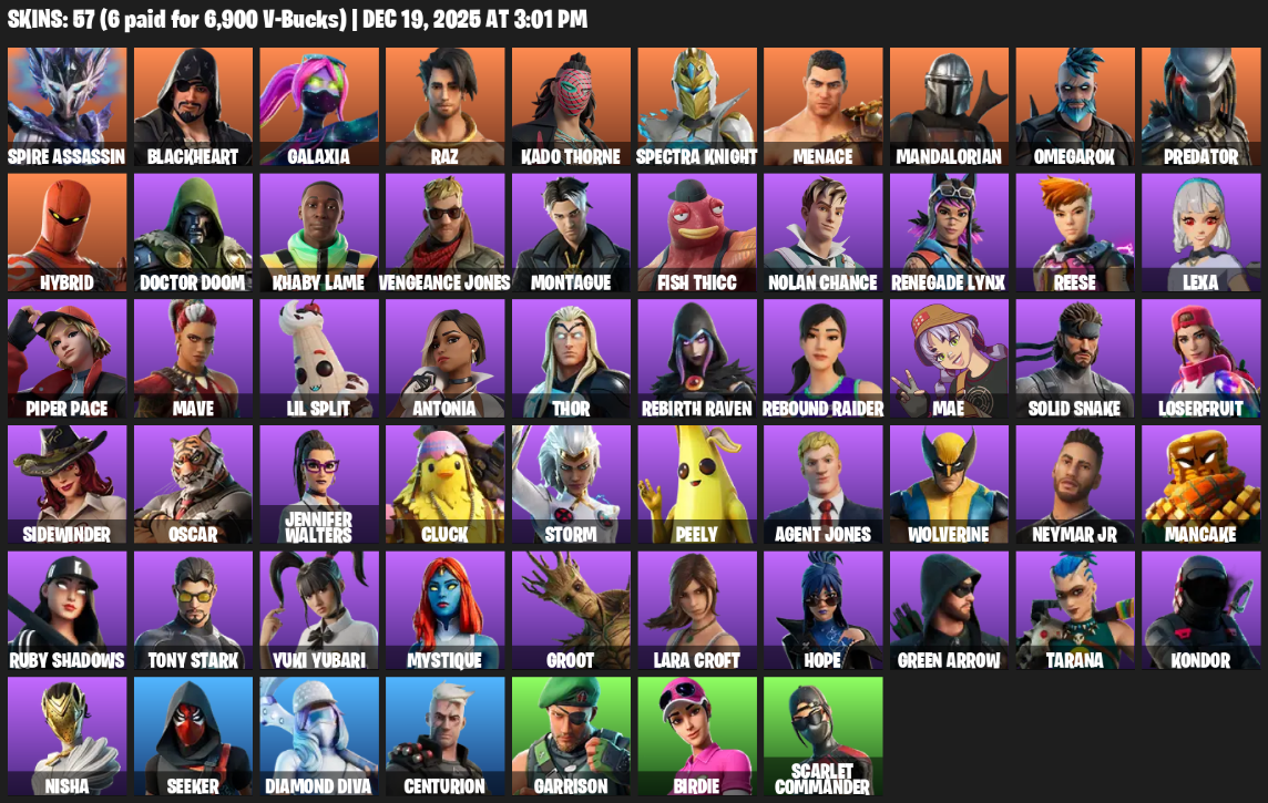Fortnite Account ( PC / XBOX ) (Lara Croft, Spire Assassin, Blackheart, Galaxia, Raz, Kado Thorne, Spectra Knight, Menace, Mandalorian, Omegarok, Predator, Hybrid, Doctor Doom, Khaby Lame, Vengeance Jones, Montague, Fish Thicc, Nolan Chance, Renegade Lynx, Reese) (57 Skins)