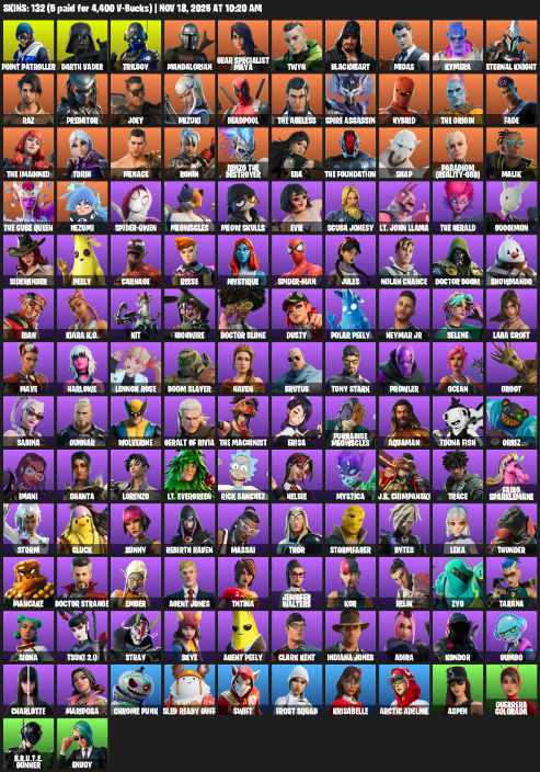 Fortnite Account ( PC / XBOX ) (Lara Croft, Point Patroller, Gear Specialist Maya, Darth Vader, Trilogy, Mandalorian, Twyn, Blackheart, Midas, Kymera, Eternal Knight, Raz, Predator, Joey, Mizuki, Deadpool, The Ageless, Spire Assassin, Hybrid) (132 Skins)