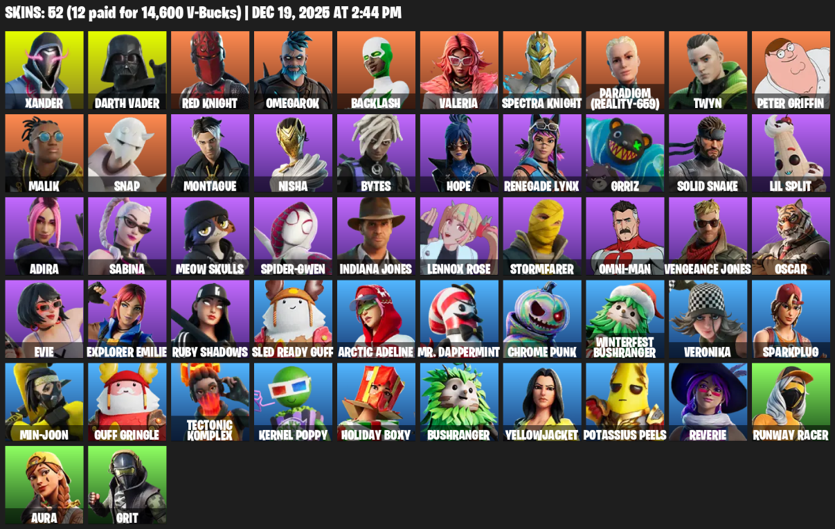 Fortnite Account ( PLAYSTATION / XBOX / PC ) (Xander, Darth Vader, Red Knight, Omegarok, Backlash, Valeria, Paradigm (Reality-659), Twyn, Peter Griffin, Malik, Snap, Montague, Nisha, Bytes, Hope, Renegade Lynx, Grriz, Solid Snake, Lil Split) (52 Skins)