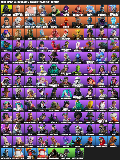 Fortnite Account ( PLAYSTATION / XBOX / PC ) (Darth Vader, Paradigm (Reality-659), Peter Griffin, Mizuki, Twyn, Tempest, The Imagined, Nezumi, Omegarok, Snap, Frozen Raven, Spectra Knight, Ravage, Inferno, Malik) (127 Skins)