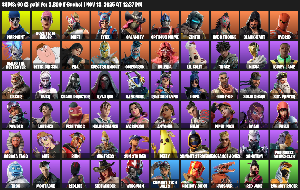 Fortnite Account ( PLAYSTATION / XBOX / PC ) (Warpaint, Rose Team Leader, Drift, Lynx, Calamity, Optimus Prime, Zenith, Kado Thorne, Blackheart, Hybrid, Renzo the Destroyer, Peter Griffin, Era, Spectra Knight, Omegarok, Valeria, Lil Split, Trace, Nisha, Khaby Lame) (60 Skins)