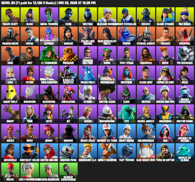 Fortnite Account ( PC / XBOX ) (Travis Scott, Point Patroller, Gear Specialist Maya, Glow, Ghoul Trooper, Fixer, Sultura, Blizzard Bomber, Trilogy, Cloud Striker, Neo Versa, Mandalorian, Midas, Kymera, Sorana, Fallen Love Ranger, Fusion, Eternal Knight, Menace, Deadpool) (84 Skins)