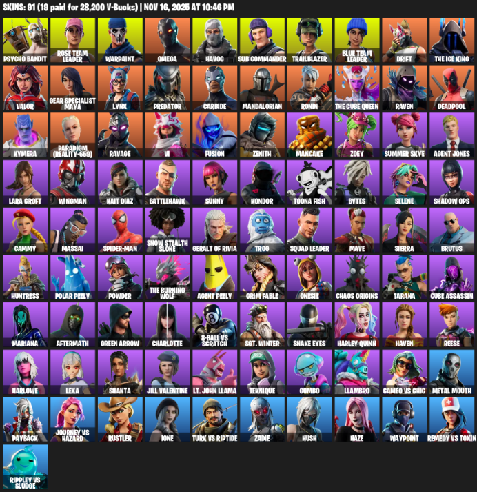 Fortnite Account ( PLAYSTATION / XBOX / PC ) (Lara Croft, Omega, Gear Specialist Maya, Psycho Bandit, Rose Team Leader, Warpaint, Havoc, Sub Commander, Trailblazer, Drift, The Ice King, Valor, Lynx, Predator, Carbide, Mandalorian, Ronin, Raven) (91 Skins)