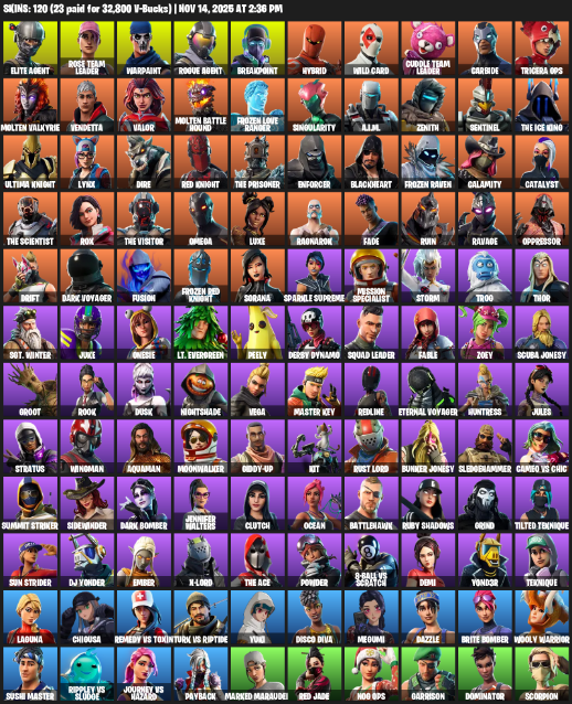 Fortnite Account ( PLAYSTATION / XBOX / PC ) (Elite Agent, Omega, Rose Team Leader, Warpaint, Breakpoint, Hybrid, Wild Card, Carbide, Tricera Ops, Molten Valkyrie, Vendetta, Valor, Frozen Love Ranger, Singularity, A.I.M., Zenith, Sentinel) (120 Skins)