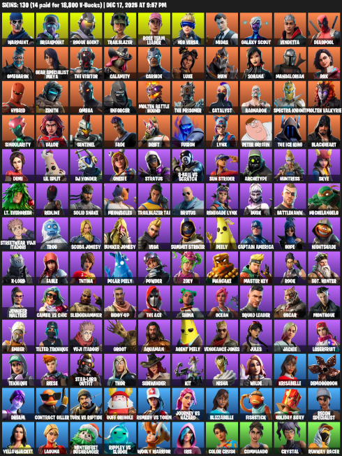 Fortnite Account ( PC / XBOX ) (Gear Specialist Maya, Omega, Warpaint, Breakpoint, Rogue Agent, Trailblazer, Rose Team Leader, Neo Versa, Midas, Galaxy Scout, Vendetta, Deadpool, Omegarok, The Visitor, Calamity, Carbide, Luxe, Ruin, Sorana, Mandalorian) (130 Skins)