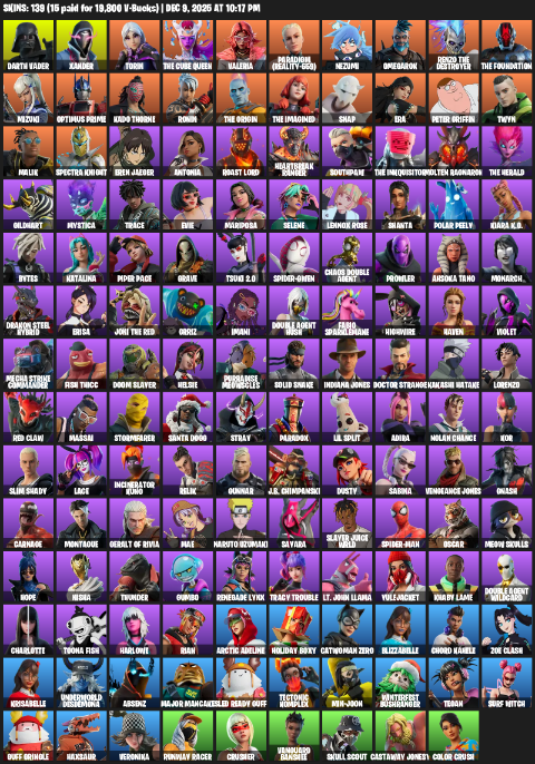Fortnite Account ( PC / XBOX ) (Darth Vader, Xander, Torin, The Cube Queen, Valeria, Paradigm (Reality-659), Nezumi, Omegarok, Mizuki, Optimus Prime, Kado Thorne, Ronin, Snap, Era, Peter Griffin, Twyn) (139 Skins)
