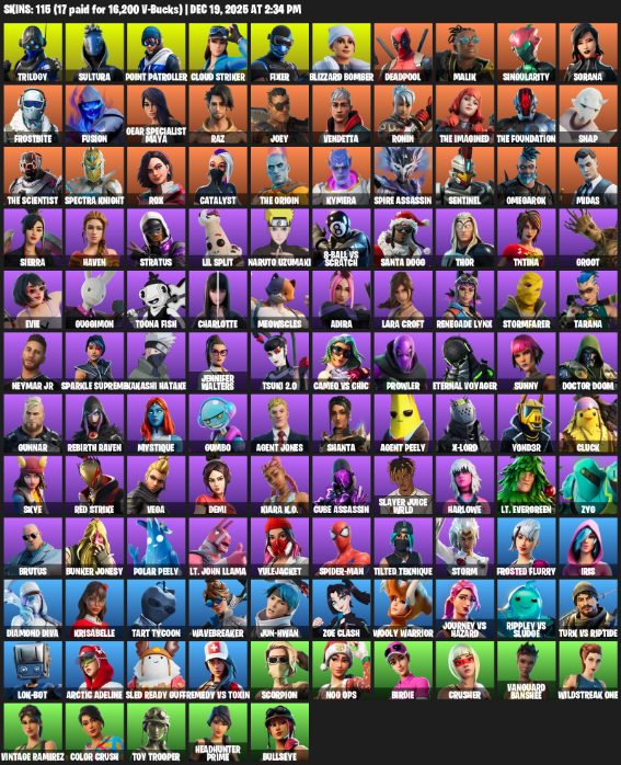 Fortnite Account ( PC / XBOX ) (Lara Croft, Point Patroller, Gear Specialist Maya, Trilogy, Sultura, Cloud Striker, Fixer, Blizzard Bomber, Deadpool, Malik, Singularity, Sorana, Frostbite, Fusion, Raz, Joey, Vendetta, Ronin, The Imagined) (115 Skins)