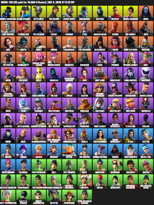 Fortnite Account ( PC / XBOX ) (Elite Agent, The Reaper, Omega, Carbon Commando, Cloud Striker, Breakpoint, Sultura, Prodigy, World Warrior, Omen, Love Ranger, Tricera Ops, Raven, Carbide, Lynx, Mandalorian, Hybrid, Red Knight, Leviathan Axe, Controller, Perfect Point, Dragon’s Claw, Rift Edge, Rainbow Smash, Bitemark, Beastfang, Harmonic Axes, Onslaught, EVA, Hulk Smashers, Scorcher, Vox, Scratchmark, Permafrost, Ice Scepter, Hot Marat, Orange Justice, Free Flow, Smooth Moves, Groove Jam, Sign Spinner, Breakdown, Hula, Cyclo Curl, True Heart, Chicken Wing It, Boomin’, Llama Bell, Boogie Down, Wakandan Salute, Billy Bounce, Laid Back Shuffle, Flappy, Coaxial Blue, Time Brella, Laser Chomp, Eagle’s Form, Splashdown, Intrepid, Turbo Spin, Rickety Runner, Viceroy Mark I, Cliffside Soarer, Bubbloon, Hunter’s Skyblade, Booty Buoy, High Octane, Conquest, Salvaged Chute, Wings of Valor) (126 Skins)