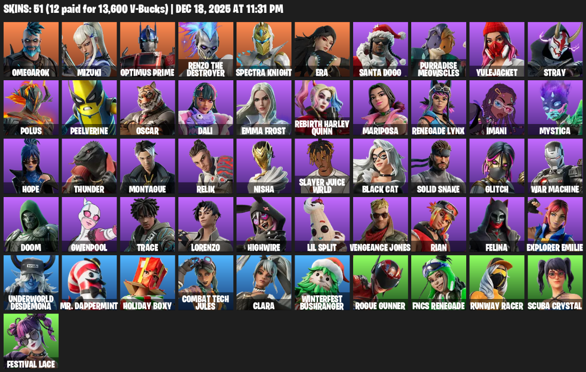 Fortnite Account ( PLAYSTATION / XBOX / PC ) (Omegarok, Mizuki, Optimus Prime, Renzo the Destroyer, Spectra Knight, Era, Santa Dogg, Purradise Meowscles, Yulejacket, Stray, Polus, Peelverine, Oscar, Dali, Emma Frost, Rebirth Harley Quinn, Mariposa, Renegade Lynx, Imani, Mystica) (51 Skins)