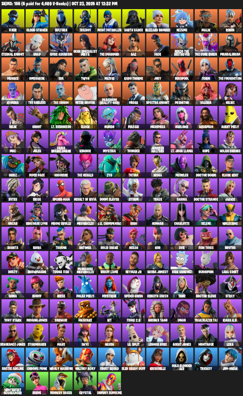 Fortnite Account ( PC / XBOX ) (Point Patroller, Gear Specialist Maya, Lara Croft, Fixer, Cloud Striker, Sultura, Trilogy, Darth Vader, Blizzard Bomber, Nezumi, Malik, Ronin, Eternal Knight, Snap, Spire Assassin, The Imagined, Raz, Fade) (155 Skins)