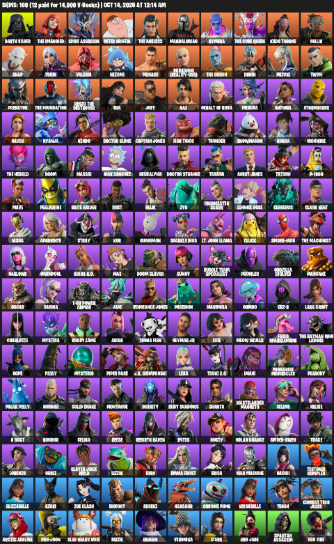 Fortnite Account ( PLAYSTATION / XBOX / PC ) (Lara Croft, Darth Vader, The Imagined, Spire Assassin, Peter Griffin, Mandalorian, Kymera, Kado Thorne, Malik, Snap, Torin, Valeria, Nezumi, Menace, Paradigm (Reality-659), Ronin, Mizuki) (160 Skins)