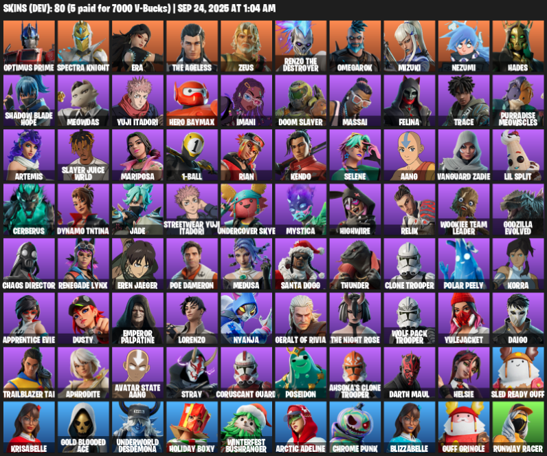 Fortnite Account ( PLAYSTATION / XBOX / PC ) (Optimus Prime, Spectra Knight, Era, The Ageless, Zeus, Omegarok, Mizuki, Nezumi, Hades, Shadow Blade Hope, Meowdas, Yuji Itadori, Hero Baymax, Imani, Doom Slayer, Massai, Felina, Trace, Purradise Meowscles) (80 Skins)