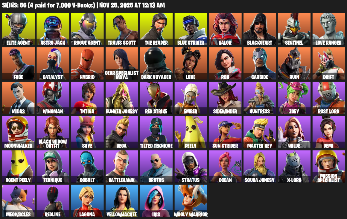 Fortnite Account ( PC / XBOX ) (Elite Agent, Travis Scott, The Reaper, Gear Specialist Maya, Astro Jack, Blue Striker, Valor, Blackheart, Sentinel, Love Ranger, Fade, Catalyst, Hybrid, Dark Voyager, Luxe, Rox, Carbide, Ruin, Drift) (56 Skins)