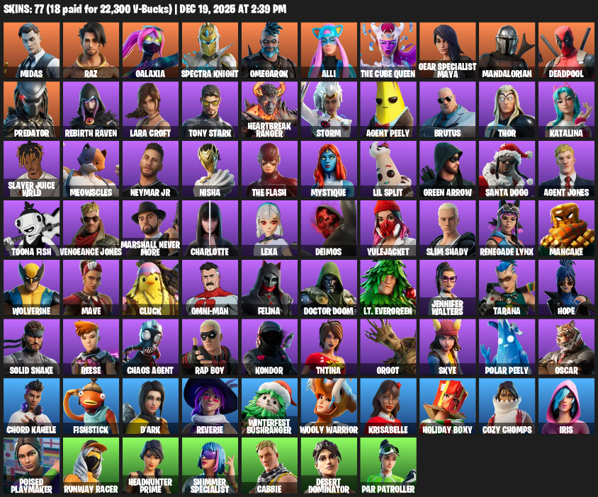 Fortnite Account ( PC / XBOX ) (Gear Specialist Maya, Lara Croft, Midas, Raz, Galaxia, Spectra Knight, Omegarok, Alli, The Cube Queen, Mandalorian, Deadpool, Predator, Rebirth Raven, Tony Stark, Heartbreak Ranger, Storm, Agent Peely, Brutus, Thor, Katalina) (77 Skins)
