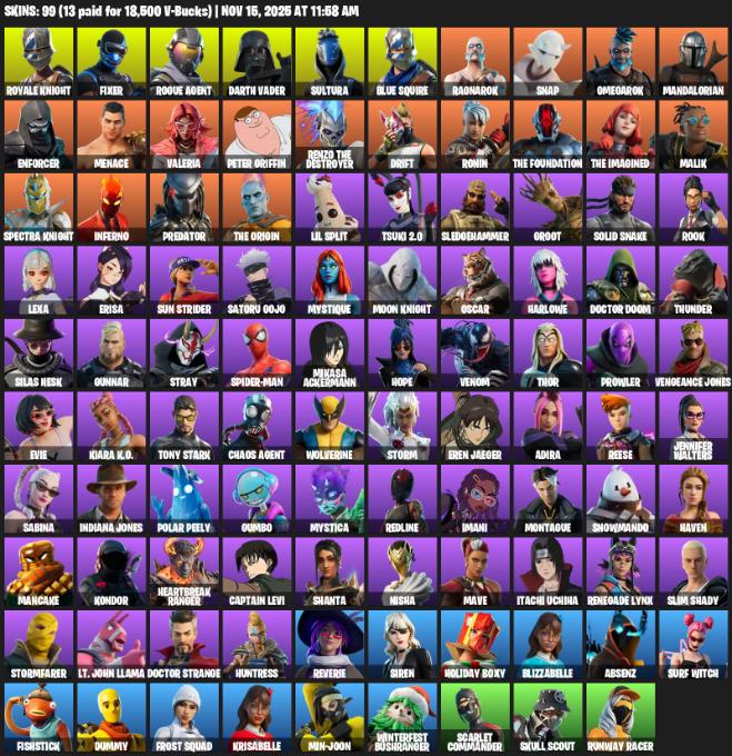 Fortnite Account ( PC / XBOX ) (Blue Squire, Royale Knight, Fixer, Rogue Agent, Darth Vader, Sultura, Ragnarok, Snap, Omegarok, Mandalorian, Enforcer, Menace, Valeria, Peter Griffin, Renzo the Destroyer, Drift, Ronin, Malik) (99 Skins)