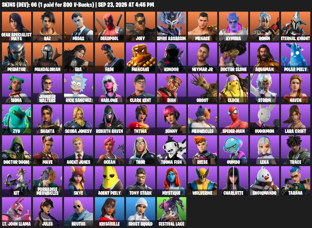 Fortnite Account ( PLAYSTATION / XBOX / PC ) (Lara Croft, Gear Specialist Maya, Raz, Midas, Deadpool, Joey, Spire Assassin, Menace, Kymera, Ronin, Eternal Knight, Predator, Mandalorian, Era, Fade, Mancake, Kondor, Neymar Jr, Doctor Slone, Aquaman) (66 Skins)