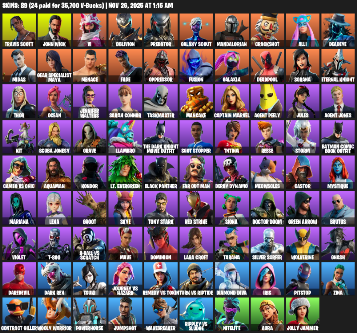 Fortnite Account ( PLAYSTATION / XBOX / PC ) (Travis Scott, Gear Specialist Maya, Lara Croft, John Wick, Vi, Oblivion, Predator, Galaxy Scout, Mandalorian, Crackshot, Alli, Deadeye, Midas, Menace, Fade, Oppressor, Fusion, Galaxia, Deadpool, Sorana) (89 Skins)