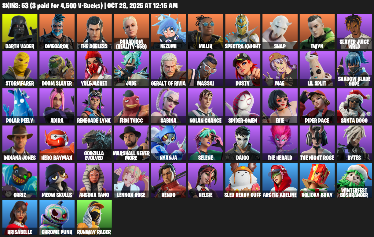 Fortnite Account ( PC / XBOX ) (Darth Vader, Omegarok, The Ageless, Paradigm (Reality-659), Nezumi, Malik, Spectra Knight, Snap, Twyn, Slayer Juice WRLD, Stormfarer, Yulejacket, Jade, Geralt of Rivia, Massai, Dusty, Mae, Lil Split, Shadow Blade Hope) (53 Skins)
