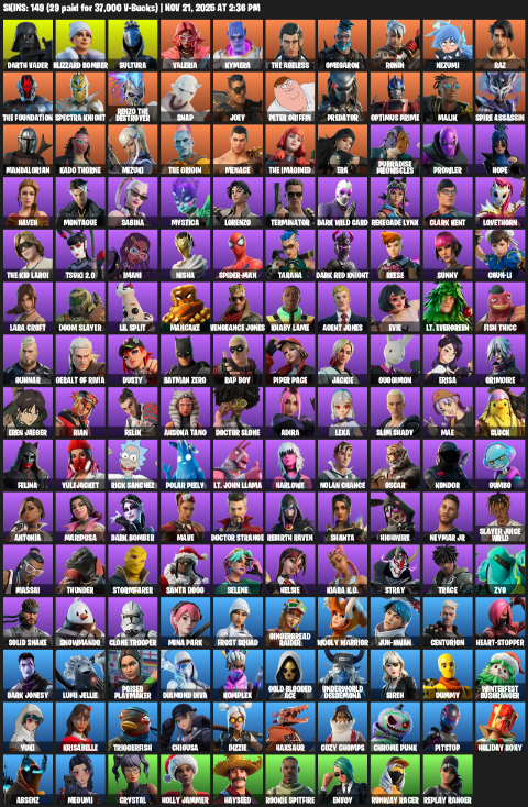 Fortnite Account ( PC / XBOX ) (Lara Croft, Darth Vader, Blizzard Bomber, Sultura, Valeria, Kymera, The Ageless, Omegarok, Ronin, Nezumi, Raz, Spectra Knight, Snap, Joey, Peter Griffin, Predator, Optimus Prime, Malik) (149 Skins)