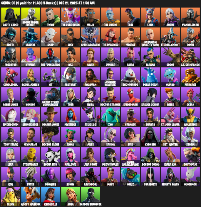 Fortnite Account ( PC / PLAYSTATION ) (Lara Croft, Darth Vader, Rogue Spider Knight, Twyn, The Cube Queen, Malik, Fade, Lynx, Torin, Mandalorian, Zenith, Deadeye, Snap, Joey, Spire Assassin, Menace, Paradigm (Reality-659)) (95 Skins)