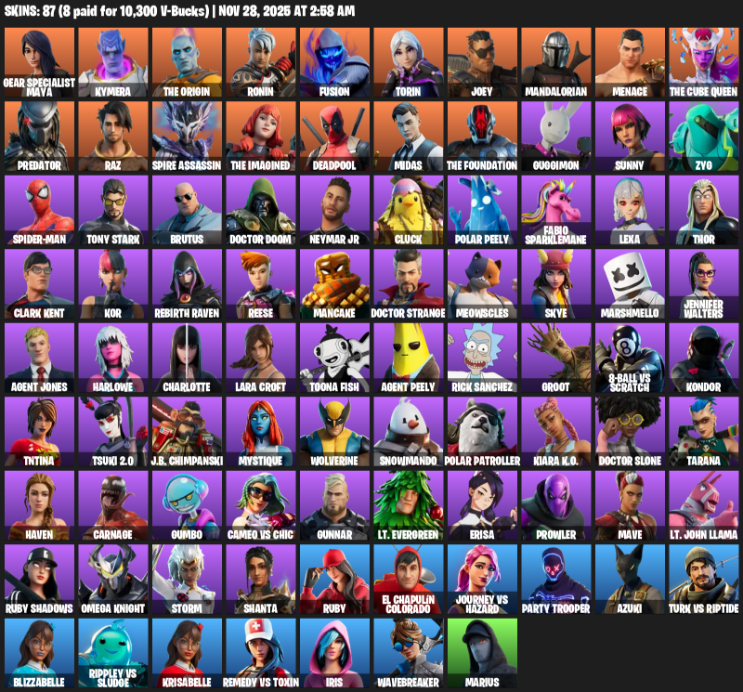 Fortnite Account ( PLAYSTATION / XBOX / PC ) (Lara Croft, Gear Specialist Maya, Kymera, The Origin, Ronin, Fusion, Torin, Joey, Mandalorian, Menace, Predator, Raz, Spire Assassin, Deadpool, Midas, Guggimon, Sunny) (87 Skins)