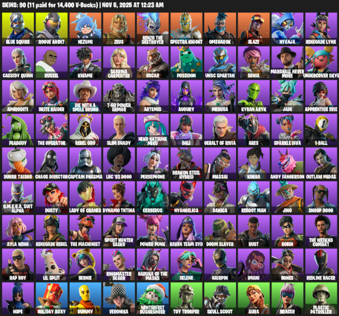 Fortnite Account ( PLAYSTATION / PC ) (Blue Squire, Rogue Agent, Nezumi, Zeus, Renzo the Destroyer, Spectra Knight, Omegarok, Blaze, Nyanja, Renegade Lynx, Cassidy Quinn, Russel, Kwame, Sabrina Carpenter, Oscar, Poseidon, UNSC Spartan, Sonia, Marshall Never More, Undercover Skye) (90 Skins)