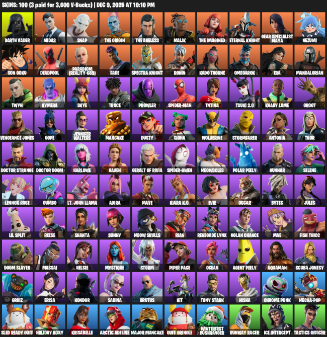 Fortnite Account ( PLAYSTATION / XBOX / PC ) (Gear Specialist Maya, Darth Vader, Midas, Snap, The Origin, Malik, Eternal Knight, Nezumi, Son Goku, Deadpool, Paradigm (Reality-659), Fade, Ronin, Kado Thorne, Omegarok, Era, Mandalorian) (100 Skins)