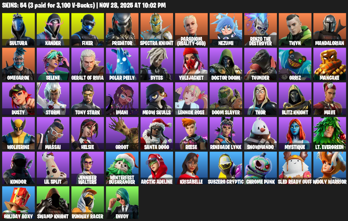 Fortnite Account ( PC / XBOX ) (Sultura, Xander, Fixer, Predator, Spectra Knight, Paradigm (Reality-659), Nezumi, Renzo the Destroyer, Twyn, Mandalorian, Omegarok, Selene, Geralt of Rivia, Polar Peely, Bytes, Yulejacket, Doctor Doom, Thunder, Grriz, Mancake) (54 Skins)