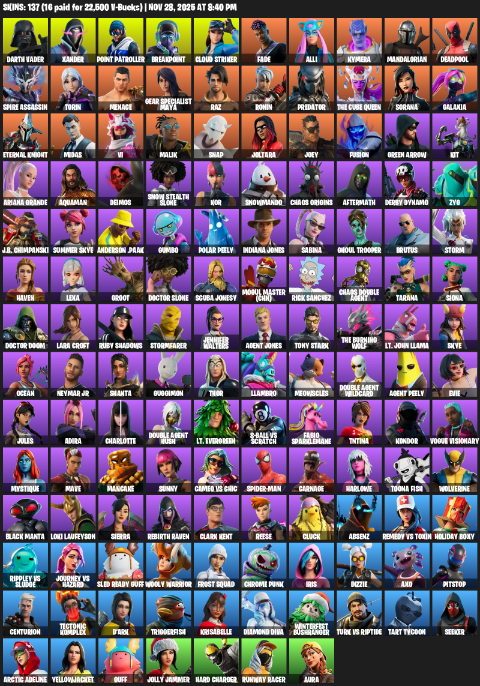 Fortnite Account ( PC / XBOX ) (Point Patroller, Gear Specialist Maya, Lara Croft, Darth Vader, Xander, Breakpoint, Cloud Striker, Fade, Alli, Kymera, Mandalorian, Deadpool, Spire Assassin, Torin, Menace, Raz, Ronin, Predator, The Cube Queen, Sorana) (137 Skins)