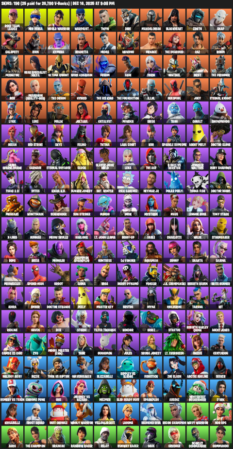 Fortnite Account ( PC / XBOX ) (Gear Specialist Maya, Lara Croft, Rose Team Leader, Neo Versa, World Warrior, Warpaint, Twyn, Dire, Mandalorian, Blackheart, Zenith, Snap, Calamity, Ruin, Kymera, Vendetta, Midas, Wukong, Menace, The Imagined, Leviathan Axe, Ol’ Woody, Reaper, Reckoning, Zyg’s Chainblade, Spire Flame, Aquaman’s Trident, Gilded Morphic Blades, Power Claws, Cubic Scepter, Sludgehammer, Energy Claw, Mjolnir, Staff of Doom, Beastfang, Hammerhead Morty, Rift Edge, Swag Smasher, Hot Marat, Traitor!, Boomin’, Crowning Achievement, Conjure Weapon, Free Flow, Lil’ Saucer, Smooth Moves, Grand Salute, Hand-Forged, Daydream, Toosie Slide, Breakneck, Sign Spinner, Ninja Style, Hang Loose Celebration, Time Brella, Heartspan, War Force Wings, Sentinel, Cloud Llama Board, Summer Sail Shark, Fusion Coil, Ohm, Steelwing, Eagle’s Form, Frostwing, Frostburn, Dragon Rider, Bone Patrol, Cliffside Soarer, Mark 90 Flight Pack, Caged Swiftwing) (190 Skins)