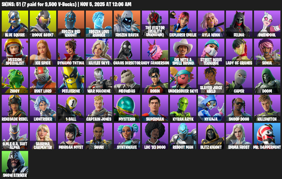 Fortnite Account ( PLAYSTATION / XBOX / PC ) (Blue Squire, Rogue Agent, Frozen Red Knight, The Visitor (Reality Unknown), Explorer Emilie, Ayla Winn, Felina, Gwenpool, Mission Specialist, Ice Spice, Dynamo TNTina, Haylee Skye, Chaos Director, Andy Fangerson, Die With A Smile Bruno, Street Wave Teknique, Lady of Cranes, Sonia) (51 Skins)