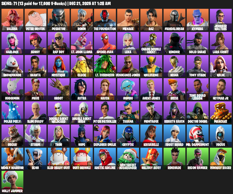 Fortnite Account ( PC / XBOX ) (Lara Croft, Valeria, Peter Griffin, Predator, Ronin, The Foundation, Menace, Raz, Mandalorian, Kymera, Jennifer Walters, Harlowe, Sunny, Rap Boy, Lt. John Llama, Spider-Man, Lexa, Chaos Double Agent, Kondor, Solid Snake) (71 Skins)